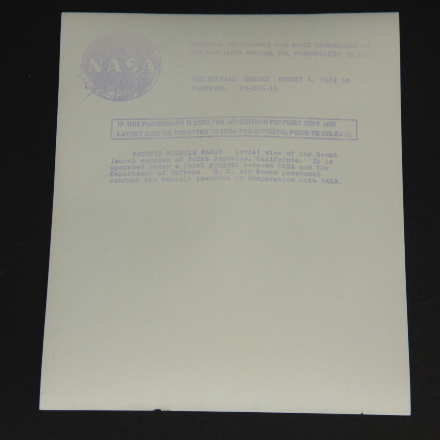 NASA PRESS RELEASE 63-S66-15 Pacific Missile Range 8x10 Photo Purple Print 🚀