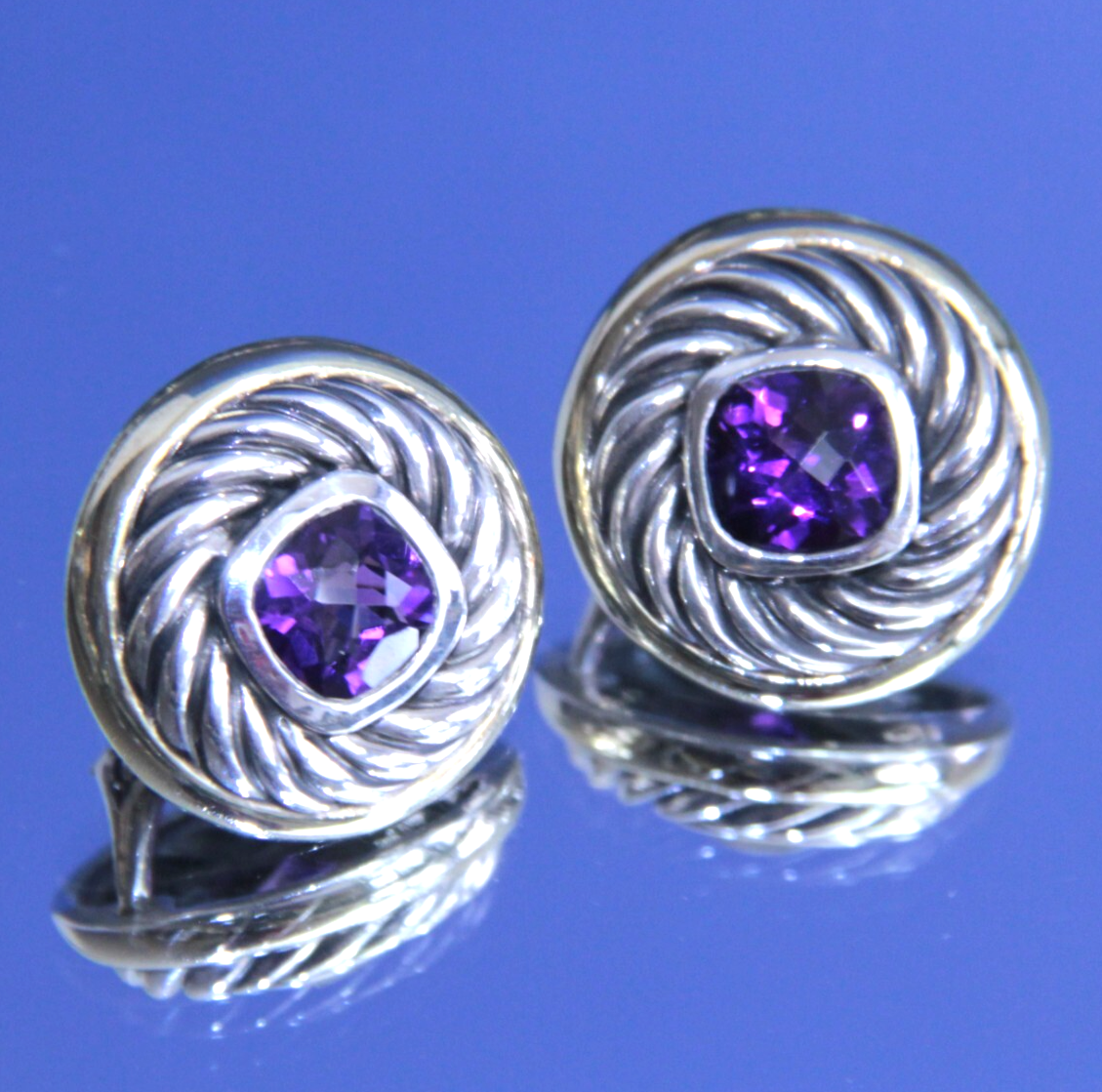 Authentic David Yurman Cable Earrings Amethyst 14K Sterling Silver RARE DESIGN