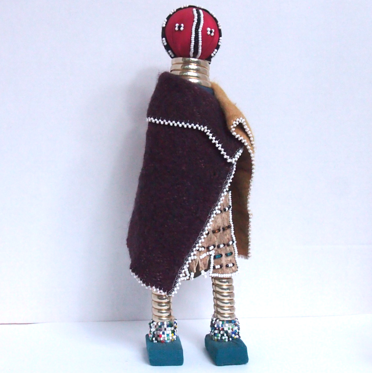 African Ndebele Beaded Fertility Doll • 14" Handmade Tribal Wool, Leather, Metal