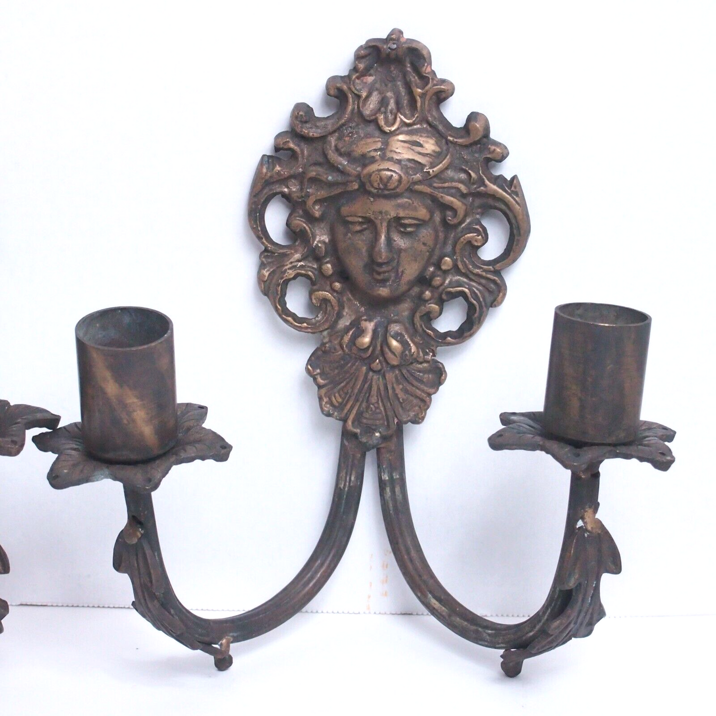 Antique Figural Face Cast Bronze Wall Sconces - 9" Pair
