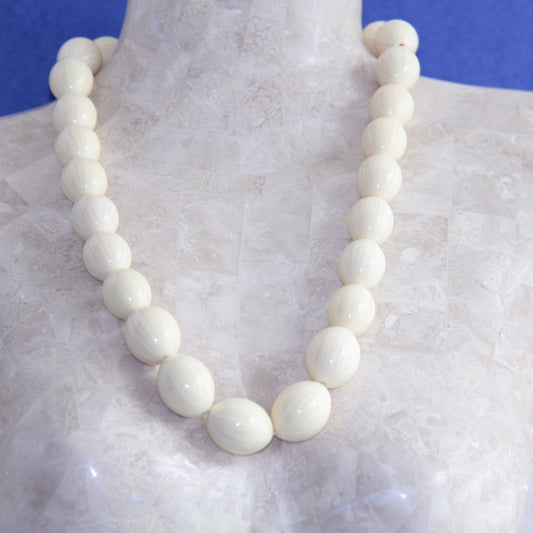 28.5" Vintage Carved Celluloid Galalith Graduated Bead Necklace Large 1" Bead