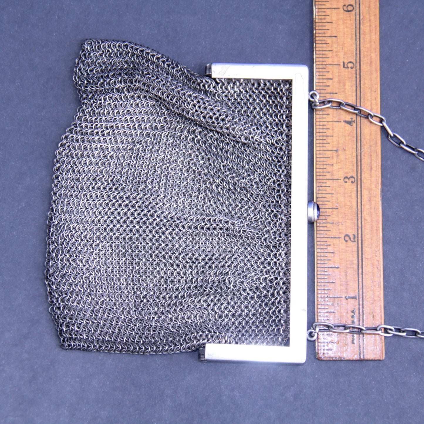 Antique Chain Link Mesh Purse with Blue Stone Cabochon Push Button Clasp
