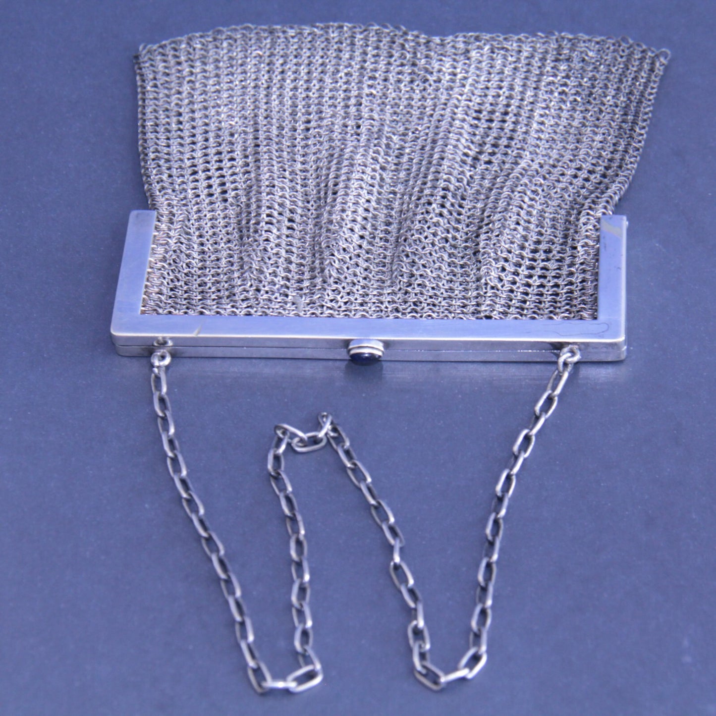 Antique Chain Link Mesh Purse with Blue Stone Cabochon Push Button Clasp