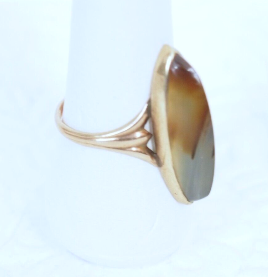 30's Antique 10k Rose Gold Long Banded Agate Miller-Steinau Navette Ring