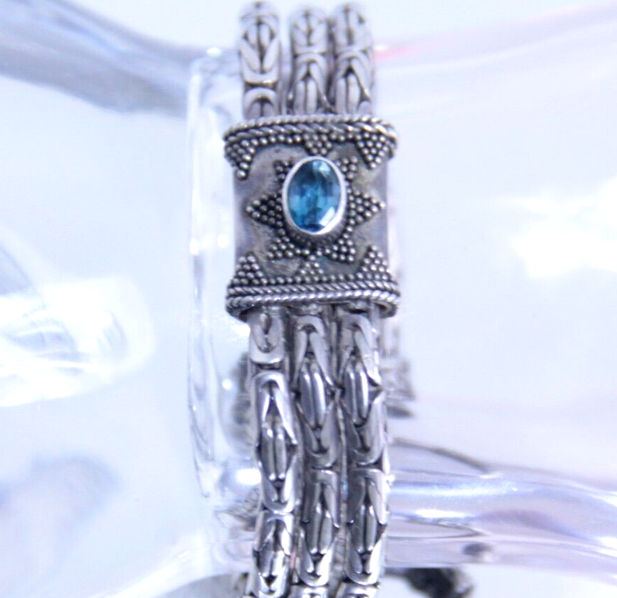 Vintage Sterling Silver 3-Strand Byzantine Bracelet w Topaz 8.25" | 50.7g | 925