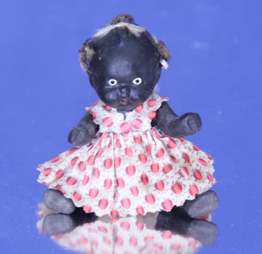 Antique 4" Black Bisque Doll "Topsy" w Original Dress – Folk Art ✨