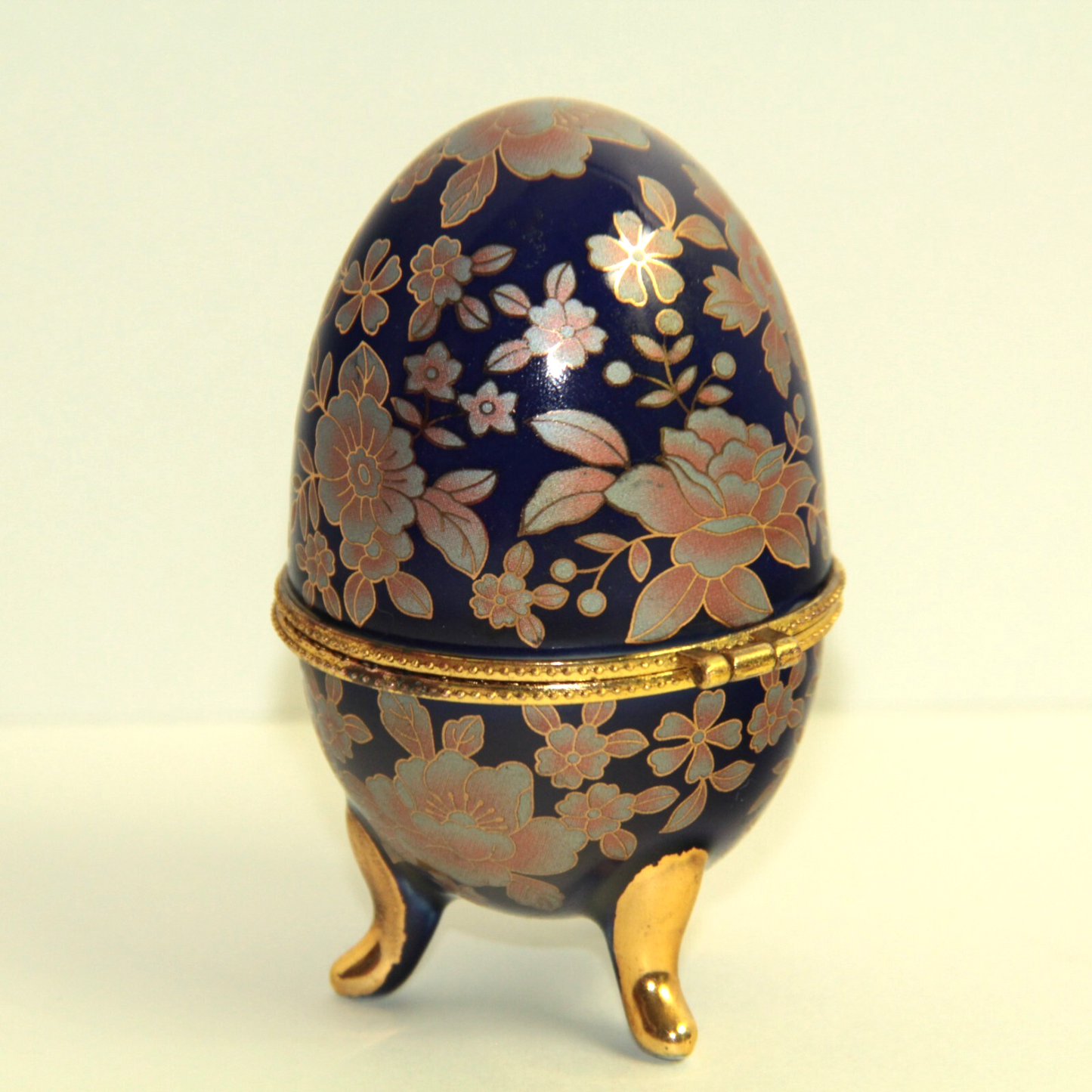 3.75" Floral Egg Trinket Box Cobalt Blue w Pink Flowers & Gold Cloisonne Look