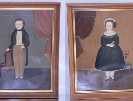 Oscar Bernach Mexican Primitive Folk Art Pair | Naive Portraits | Oil on Canvas