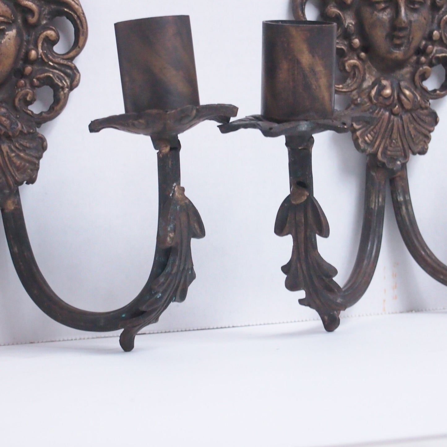 Antique Figural Face Cast Bronze Wall Sconces - 9" Pair