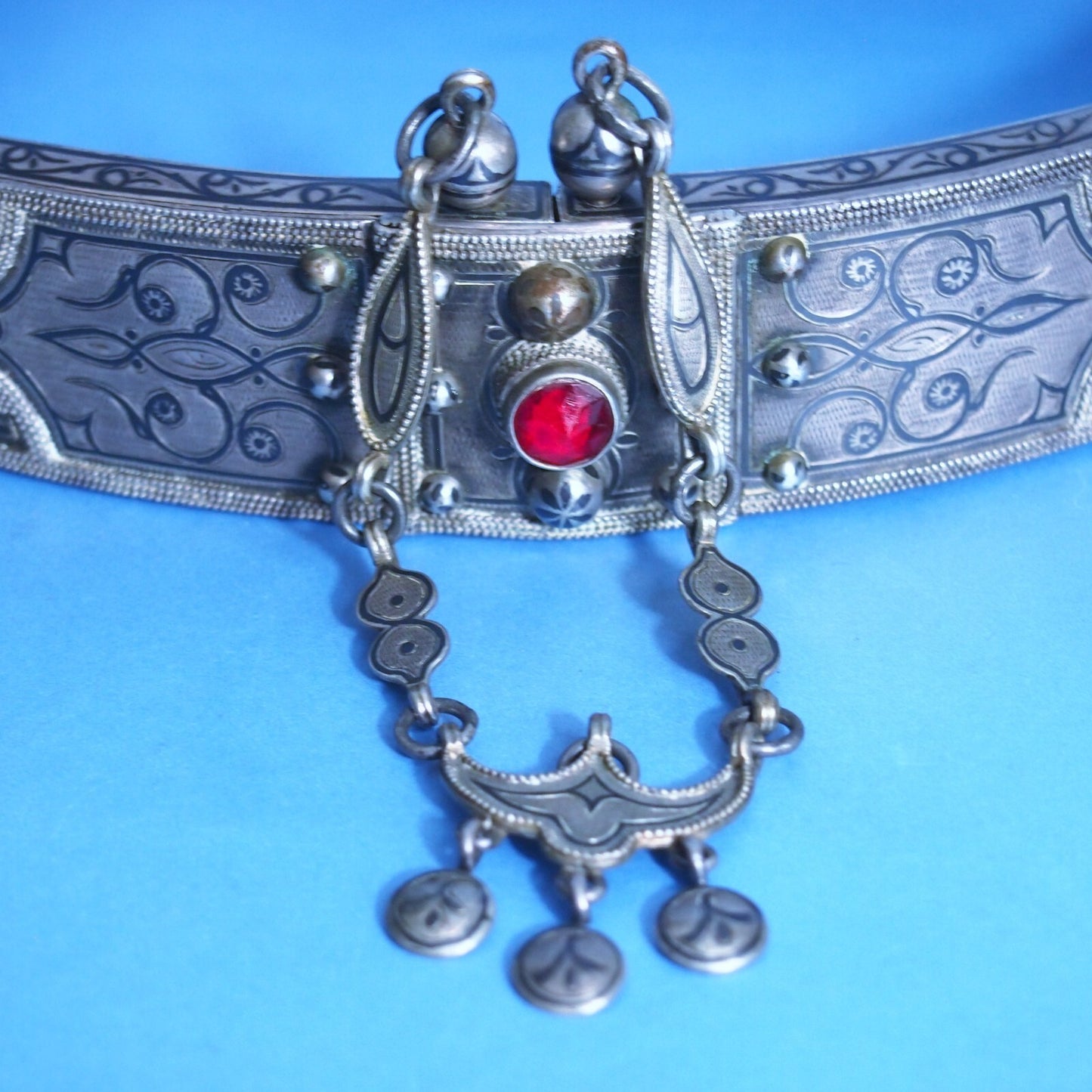 Early 1900s Niello Inlay Wedding Belt – White Metal & Bronze – 26” Ceremonial