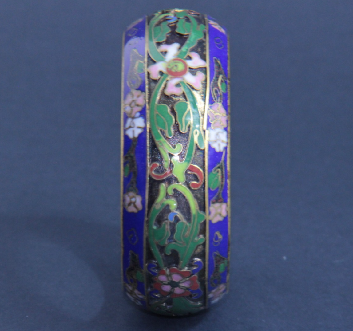 Chinese Cloisonne Cobalt Blue Enamel Floral Brass Extra Wide Bangle Bracelet