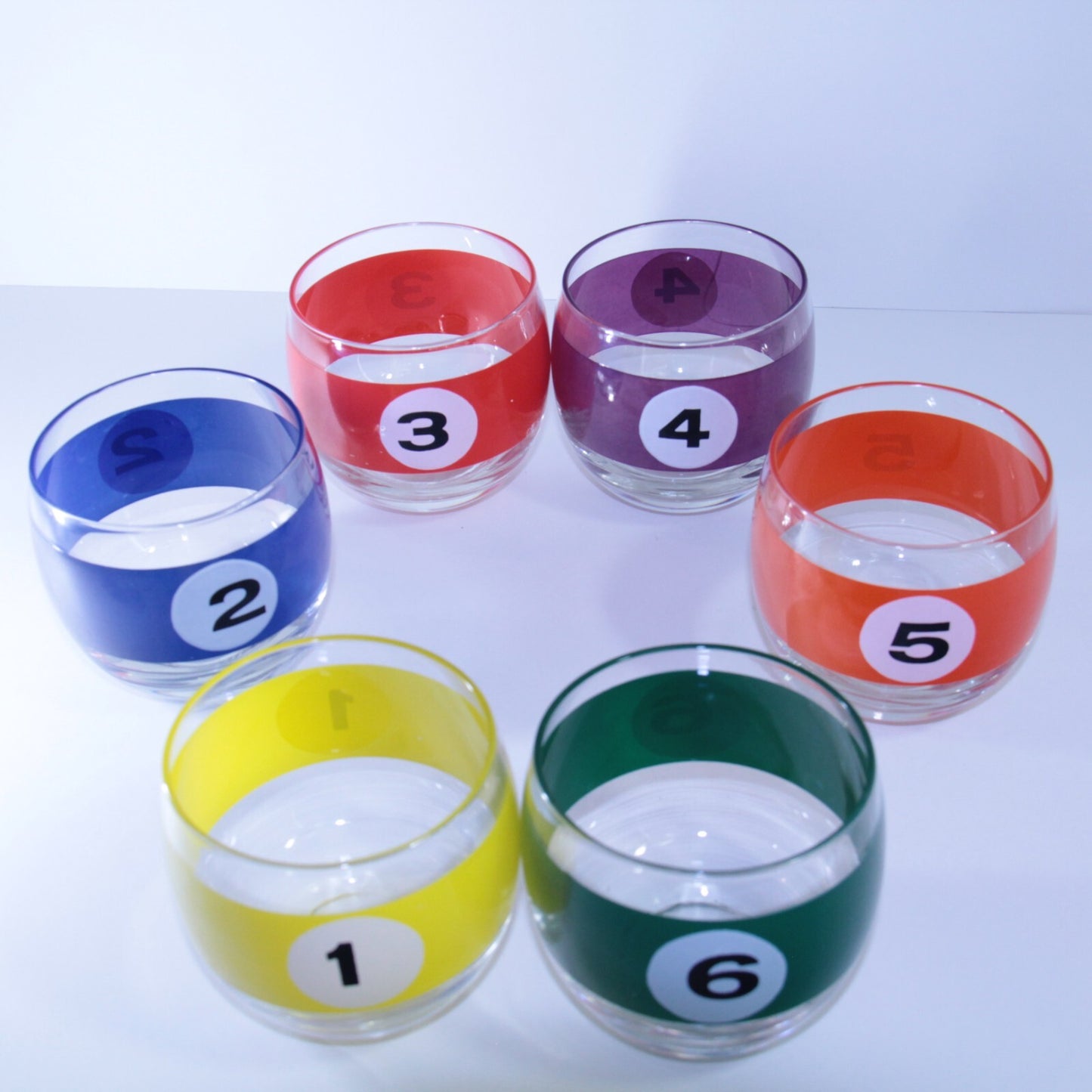 6 Vintage MCM Lowball Bar Glasses Billiard Pool Ball Cera Roly Poly 🎱Full Set!