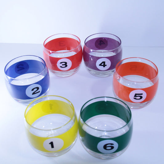 6 Vintage MCM Lowball Bar Glasses Billiard Pool Ball Cera Roly Poly 🎱Full Set!