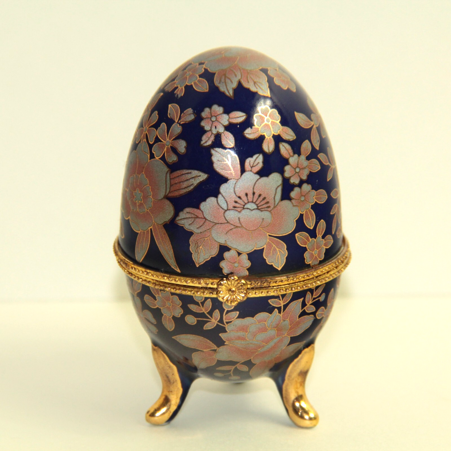 3.75" Floral Egg Trinket Box Cobalt Blue w Pink Flowers & Gold Cloisonne Look