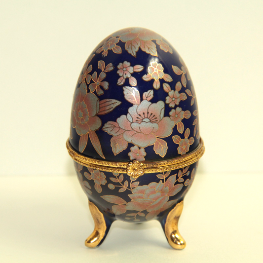 3.75" Floral Egg Trinket Box Cobalt Blue w Pink Flowers & Gold Cloisonne Look