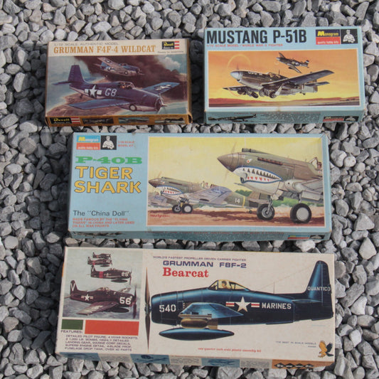 4 Airplane Model Kits - Grumman Bearcat Monogram Mustang P-51B P-40B Tiger Shark