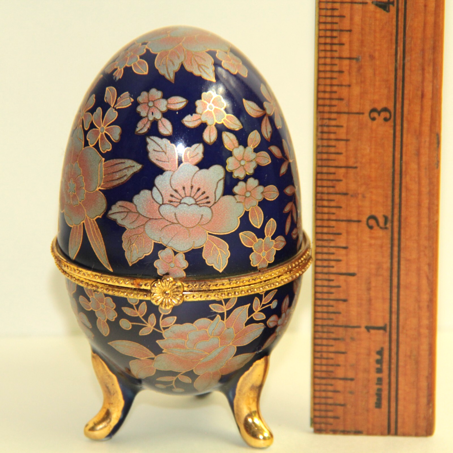 3.75" Floral Egg Trinket Box Cobalt Blue w Pink Flowers & Gold Cloisonne Look