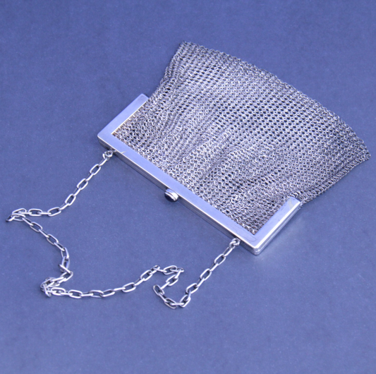 Antique Chain Link Mesh Purse with Blue Stone Cabochon Push Button Clasp
