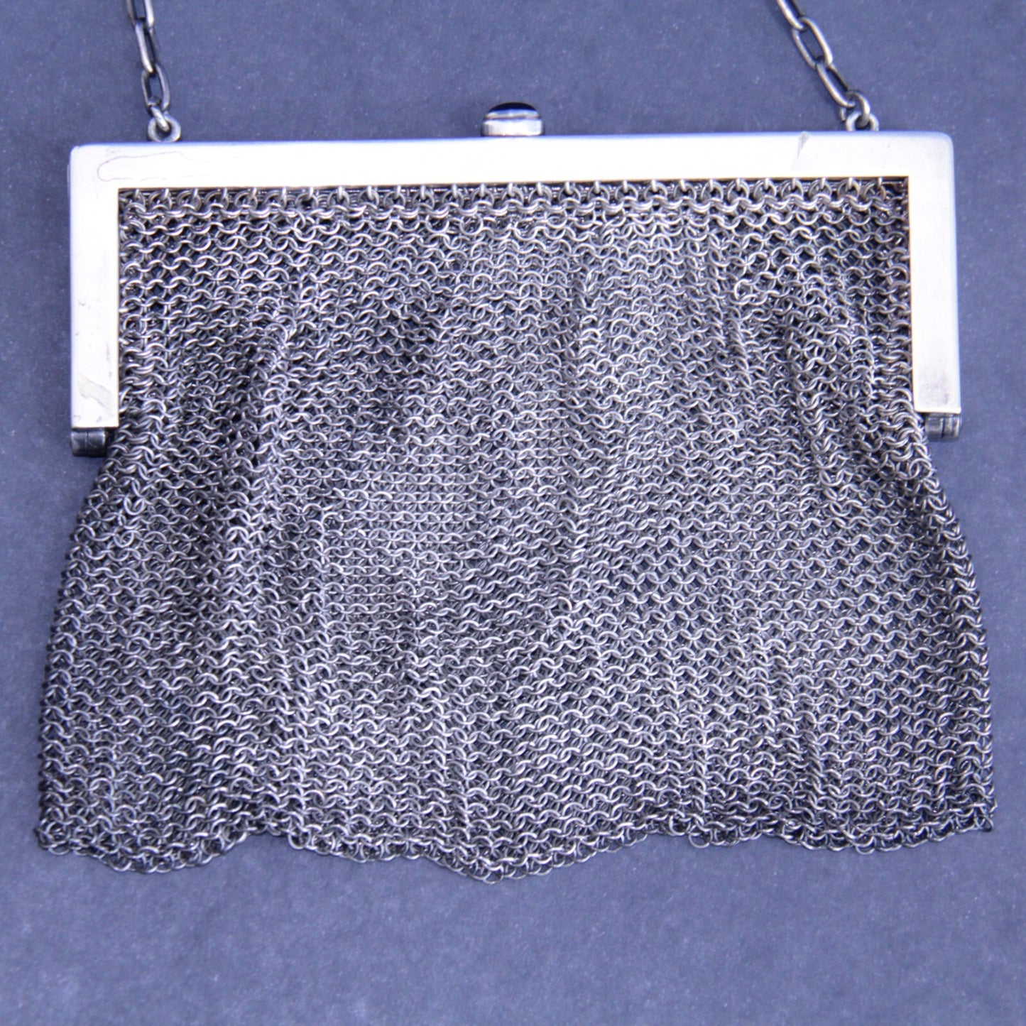 Antique Chain Link Mesh Purse with Blue Stone Cabochon Push Button Clasp