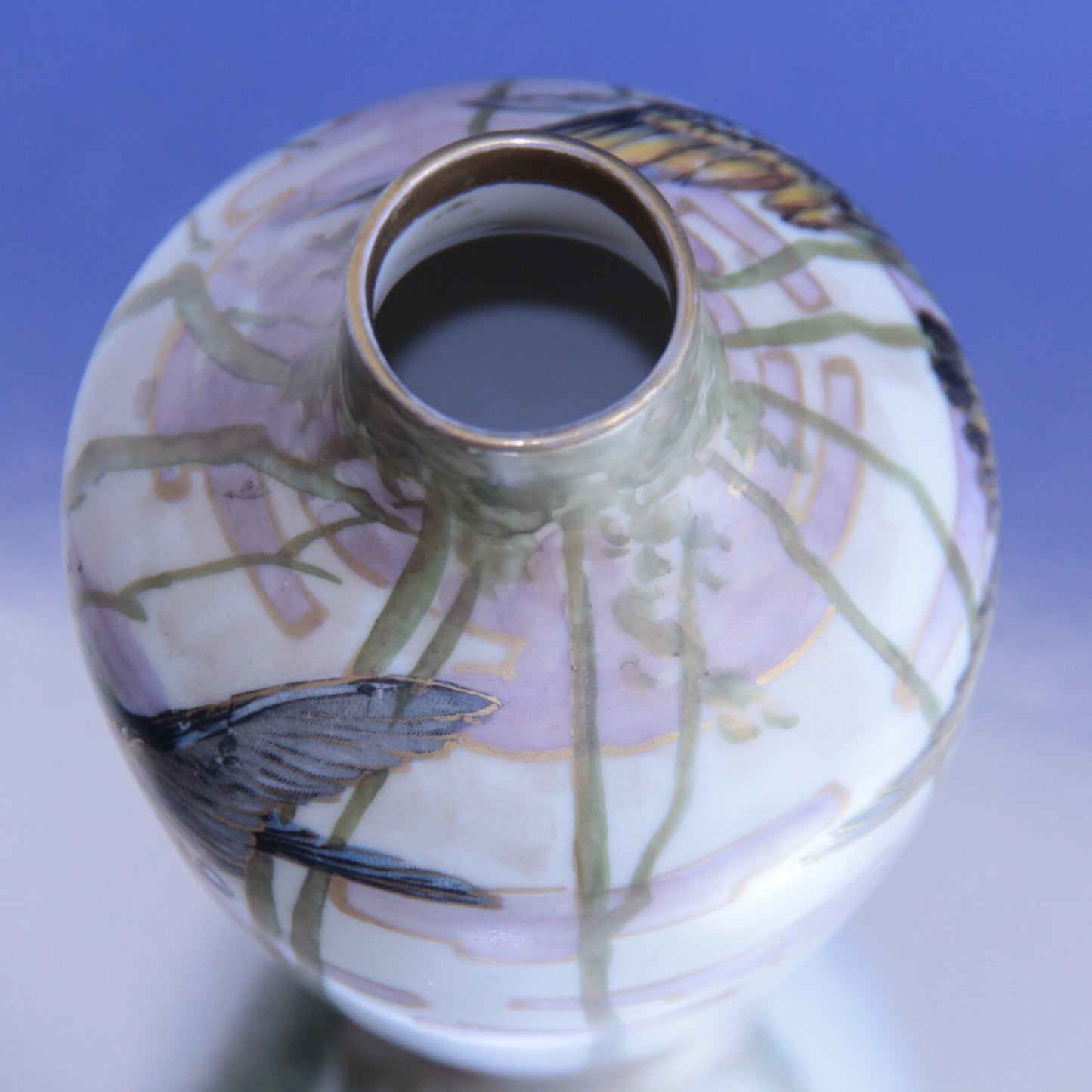 Ernst Wahliss Art Nouveau Gilt Earthenware Vase – Spring Landscape w Sparrow