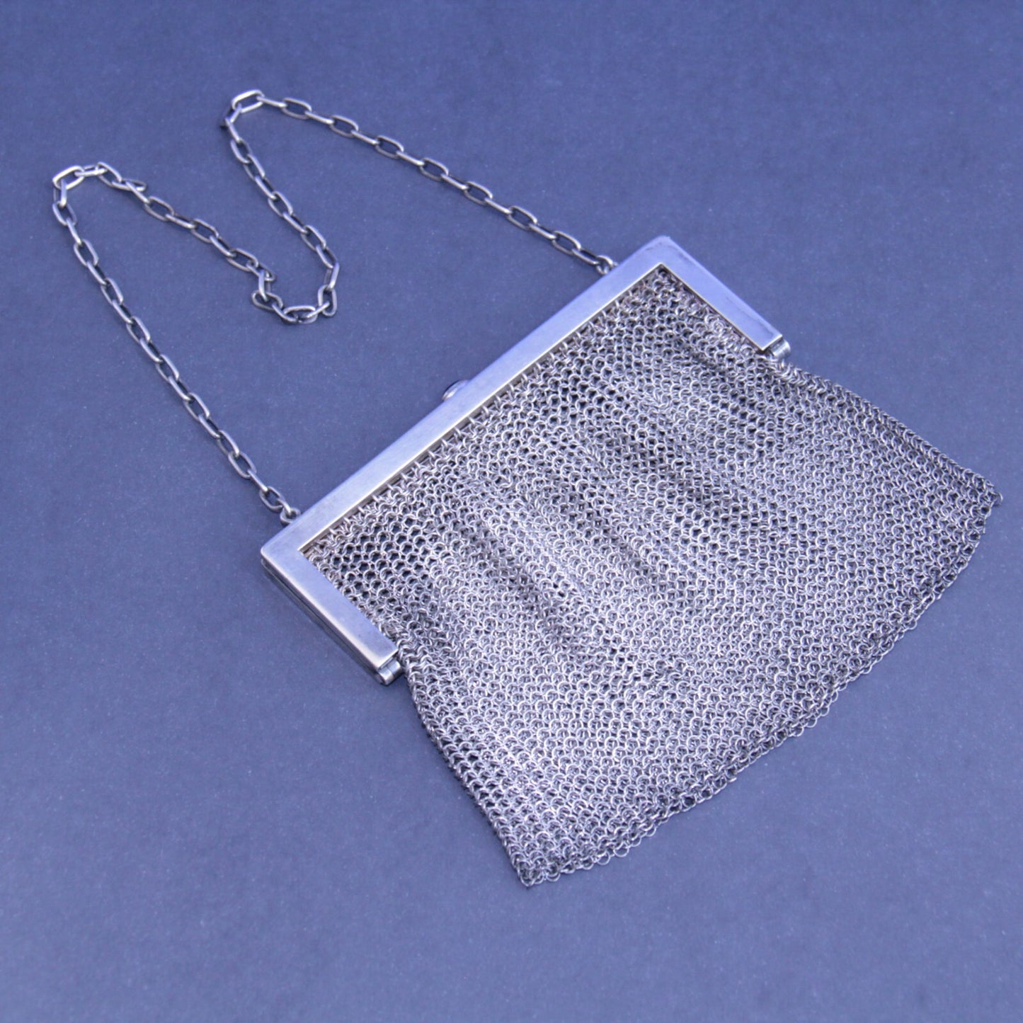 Antique Chain Link Mesh Purse with Blue Stone Cabochon Push Button Clasp