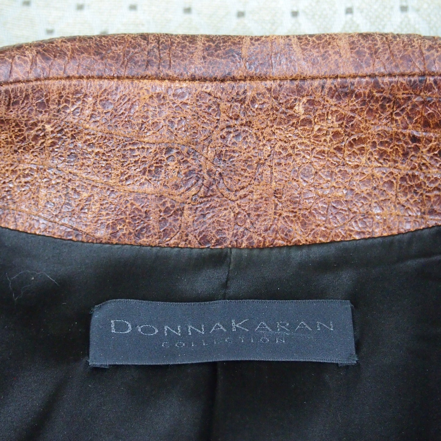 Donna Karan Crocodile Pattern Leather Jacket Spanish Lambskin, Distressed Style