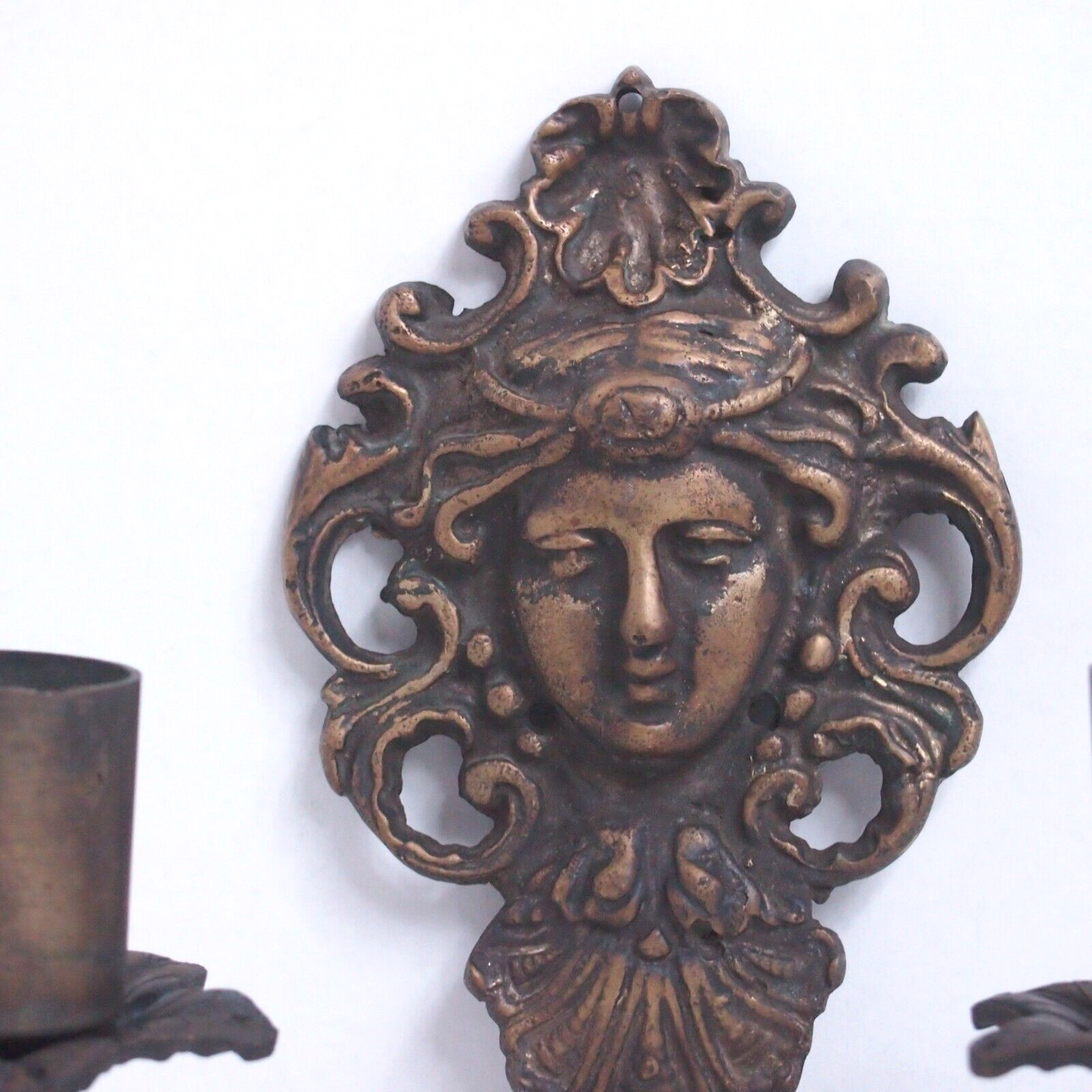 Antique Figural Face Cast Bronze Wall Sconces - 9" Pair