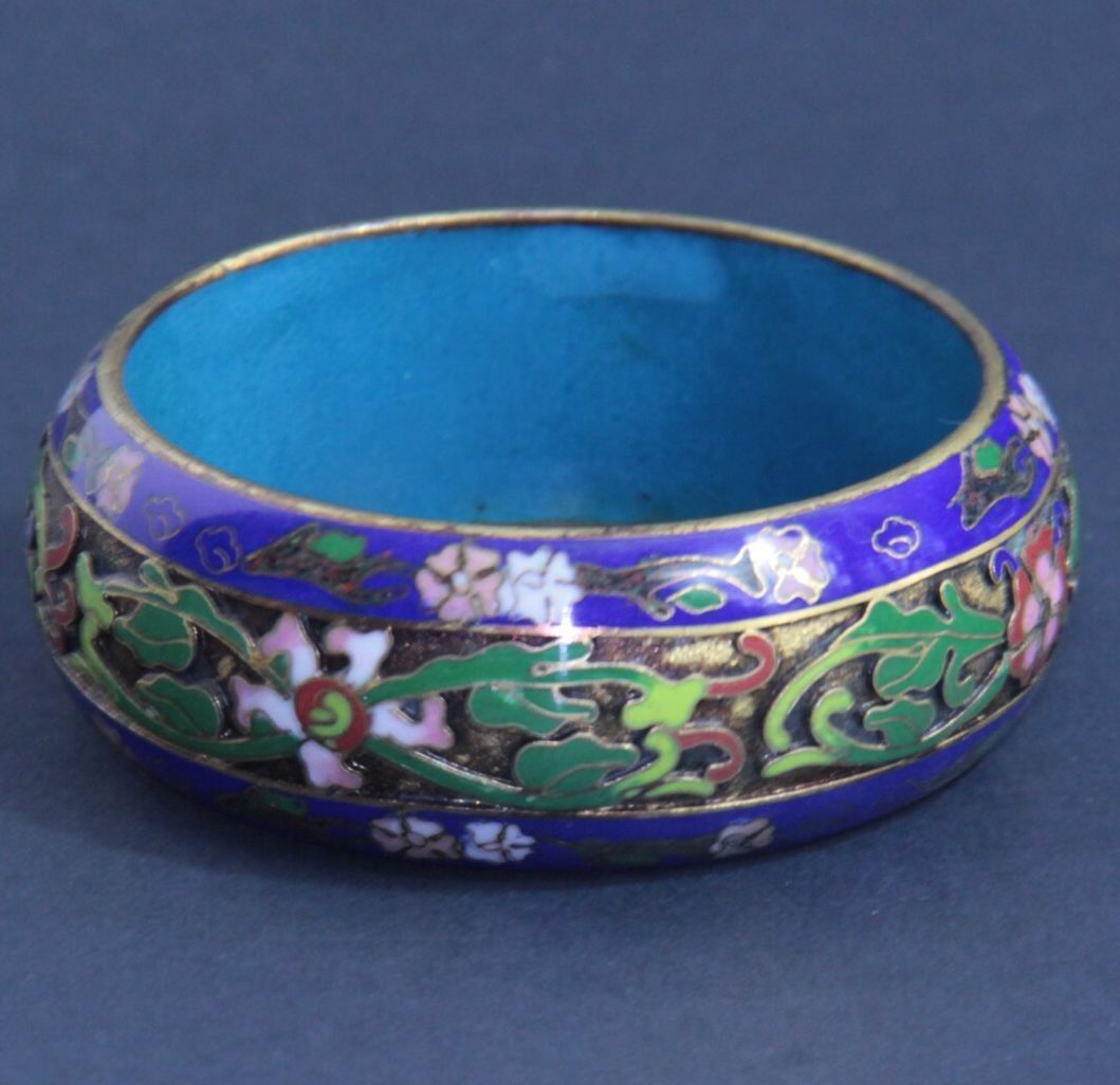 Chinese Cloisonne Cobalt Blue Enamel Floral Brass Extra Wide Bangle Bracelet
