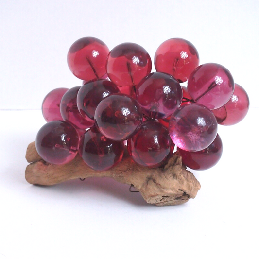 Rare Vintage Lucite Dark Pink Grape Cluster on Driftwood – Large Globes