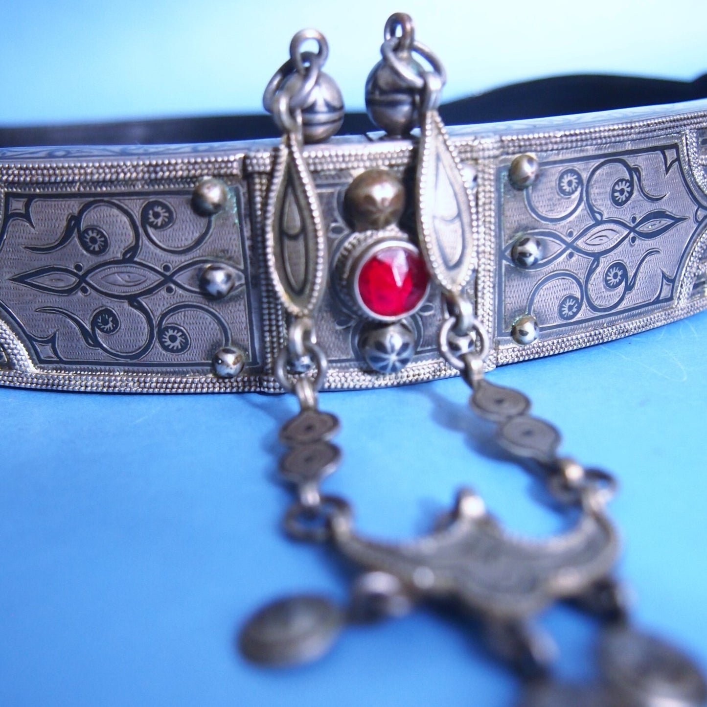 Early 1900s Niello Inlay Wedding Belt – White Metal & Bronze – 26” Ceremonial
