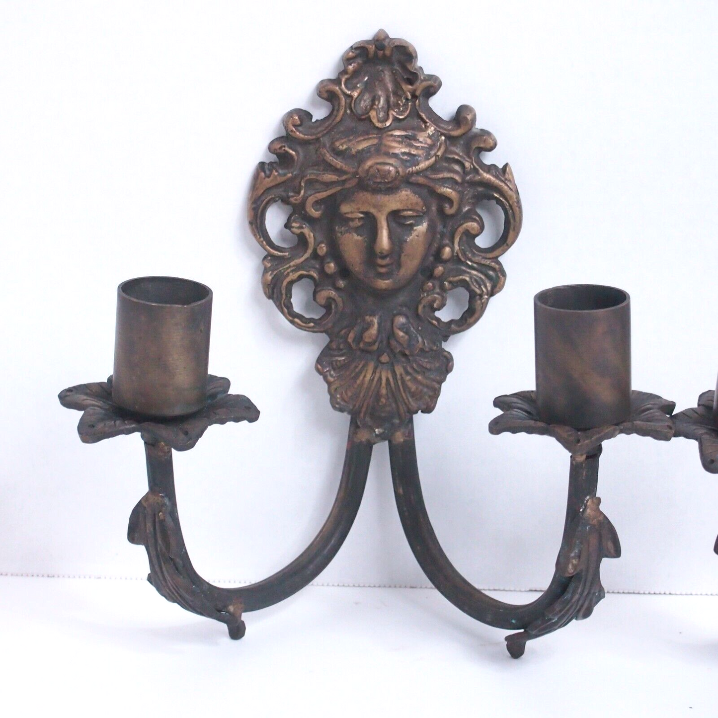 Antique Figural Face Cast Bronze Wall Sconces - 9" Pair