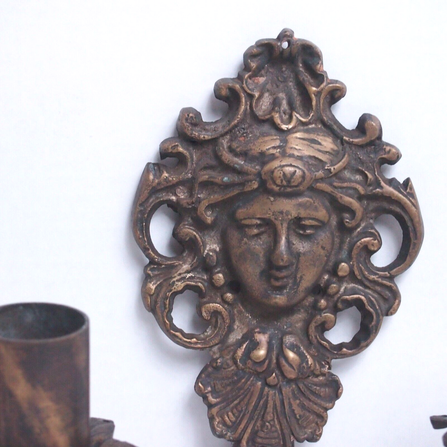 Antique Figural Face Cast Bronze Wall Sconces - 9" Pair