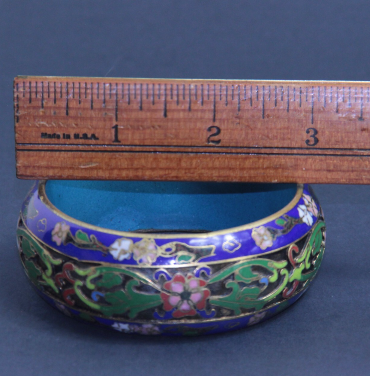 Chinese Cloisonne Cobalt Blue Enamel Floral Brass Extra Wide Bangle Bracelet