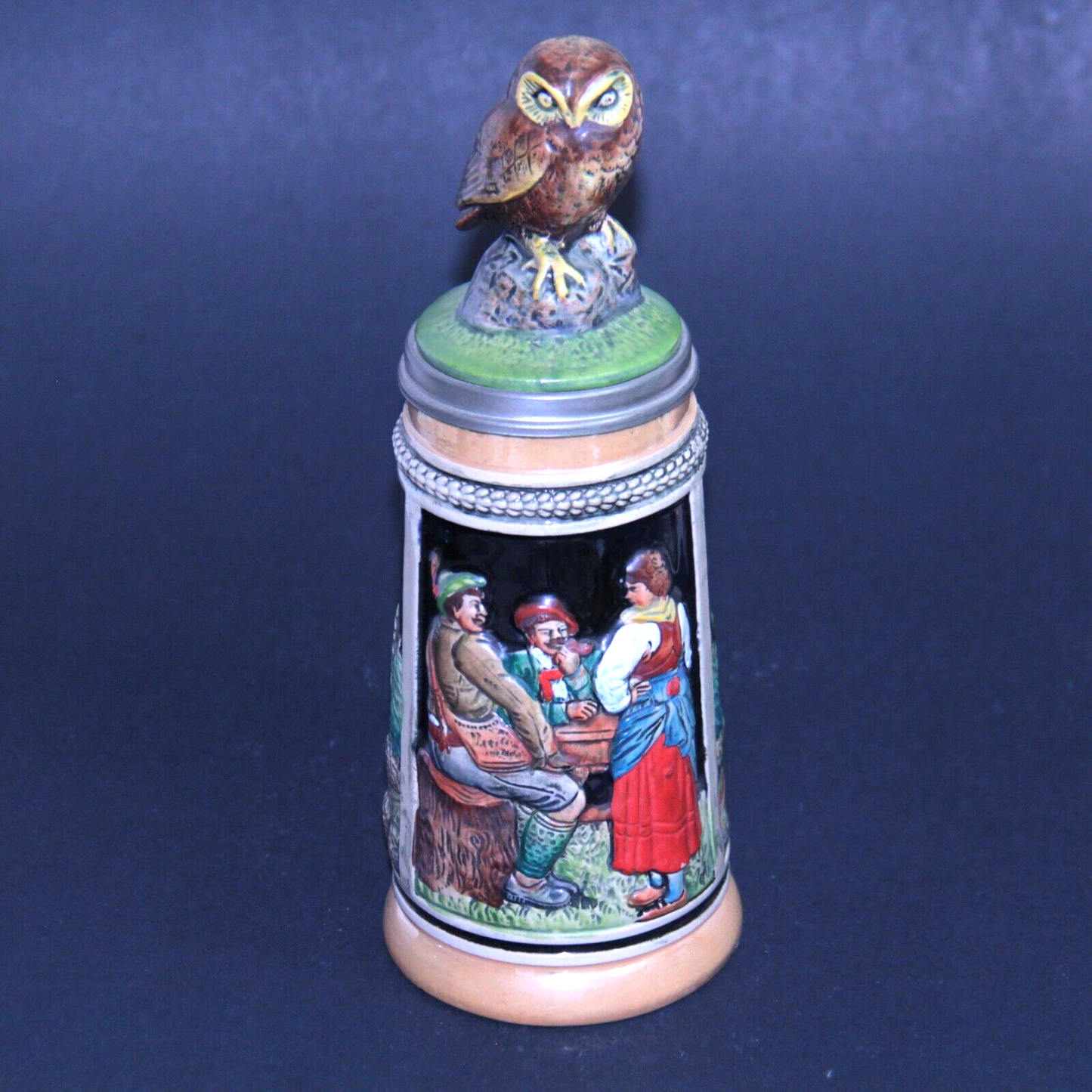 Werner Corzelius WC Beer Stein Owl Lid 10" West Germany Pewter DRM ZINN .5L ✨