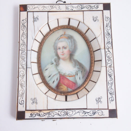 19th c. Hand-Painted Catherine the Great Miniature Portrait – Bone Frame