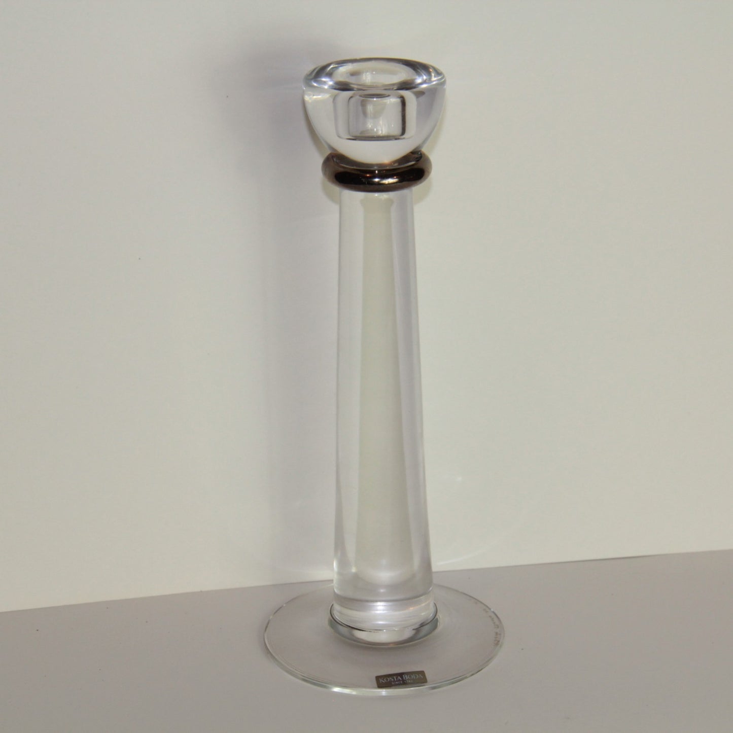 Kosta Boda Athena Platinum Clear Glass Candlestick - Signed - 10” H