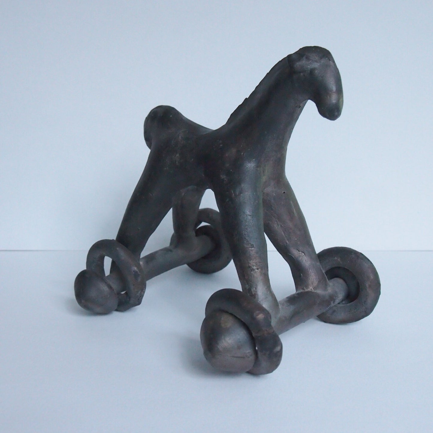 Vintage Black Terracotta Wheeled Horse Toy Open Fire Pottery Bangladesh 6”