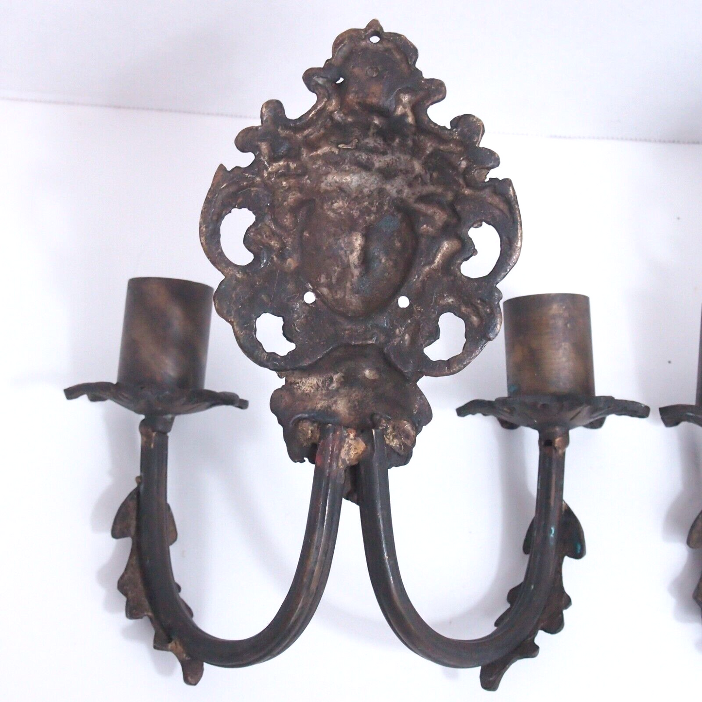 Antique Figural Face Cast Bronze Wall Sconces - 9" Pair