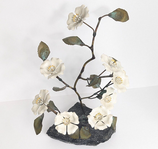 MCM Brass Cherry Blossom Sculpture on Granite Base 12” Mid Century Modern ✨