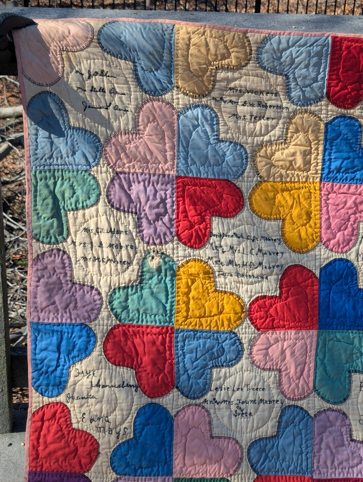 Antique Hand-Stitched Family Tree Heart Quilt Mabrey Hogg Ruff Treece Griffin