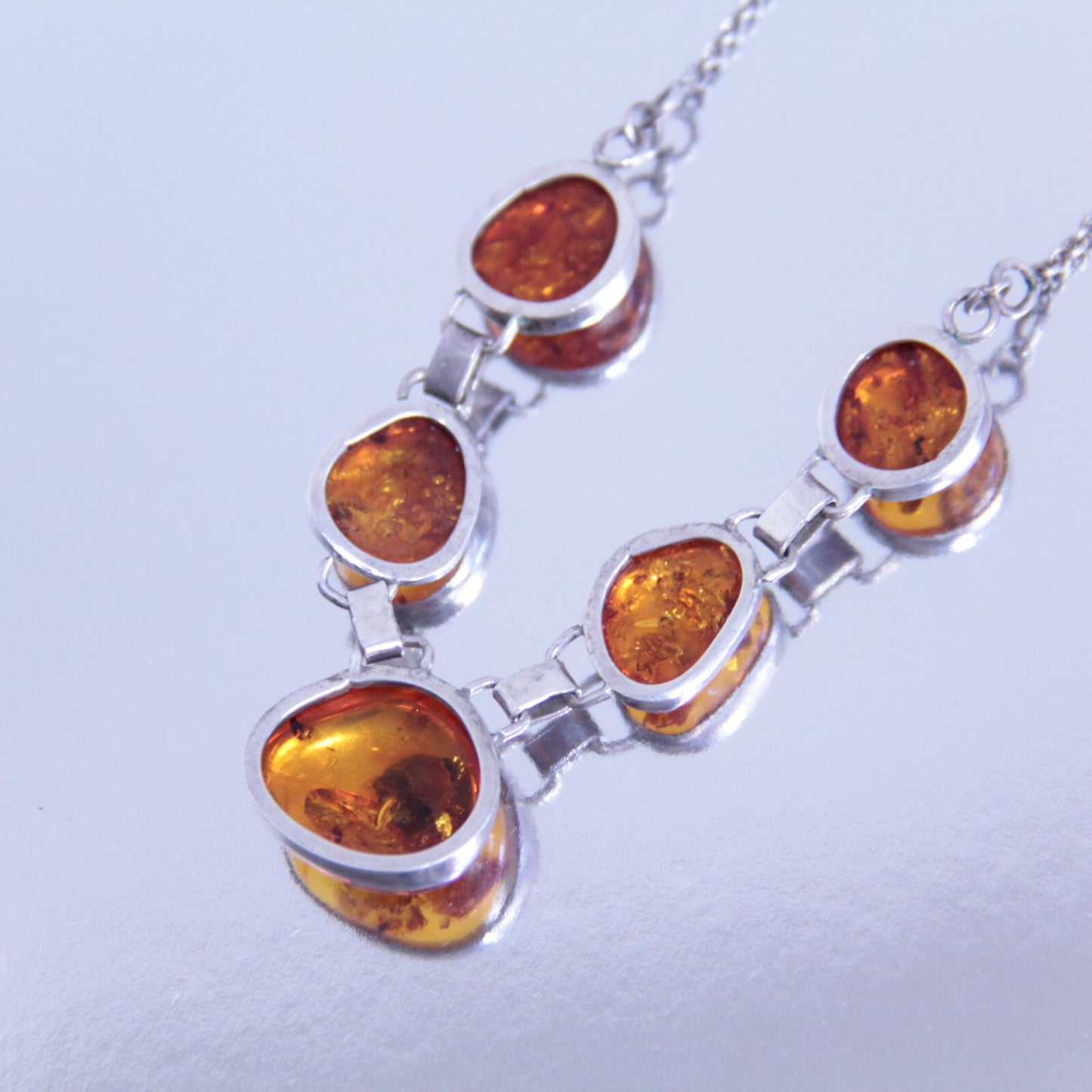 Vintage Sterling Silver MCM Danish Modern Baltic Honey Amber Necklace 925 21"