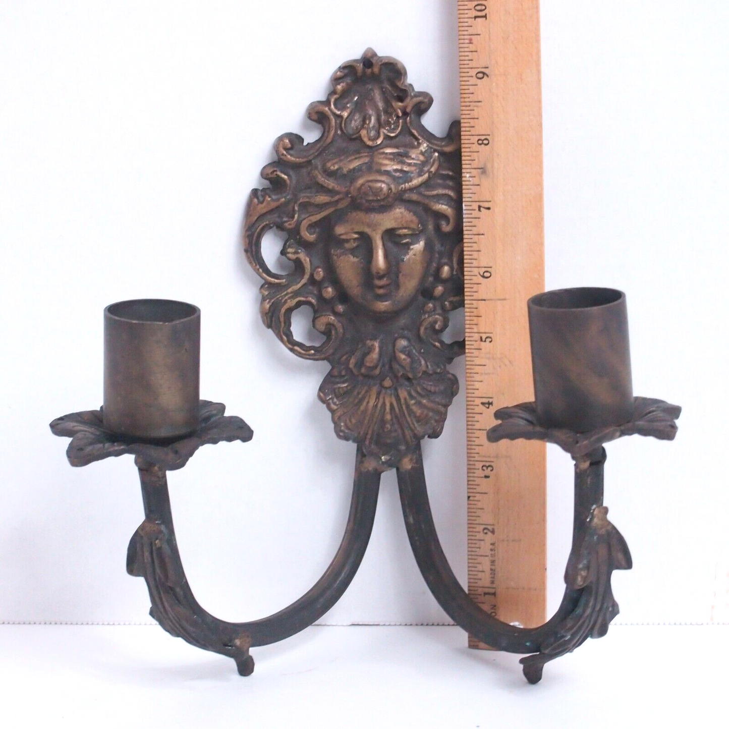 Antique Figural Face Cast Bronze Wall Sconces - 9" Pair