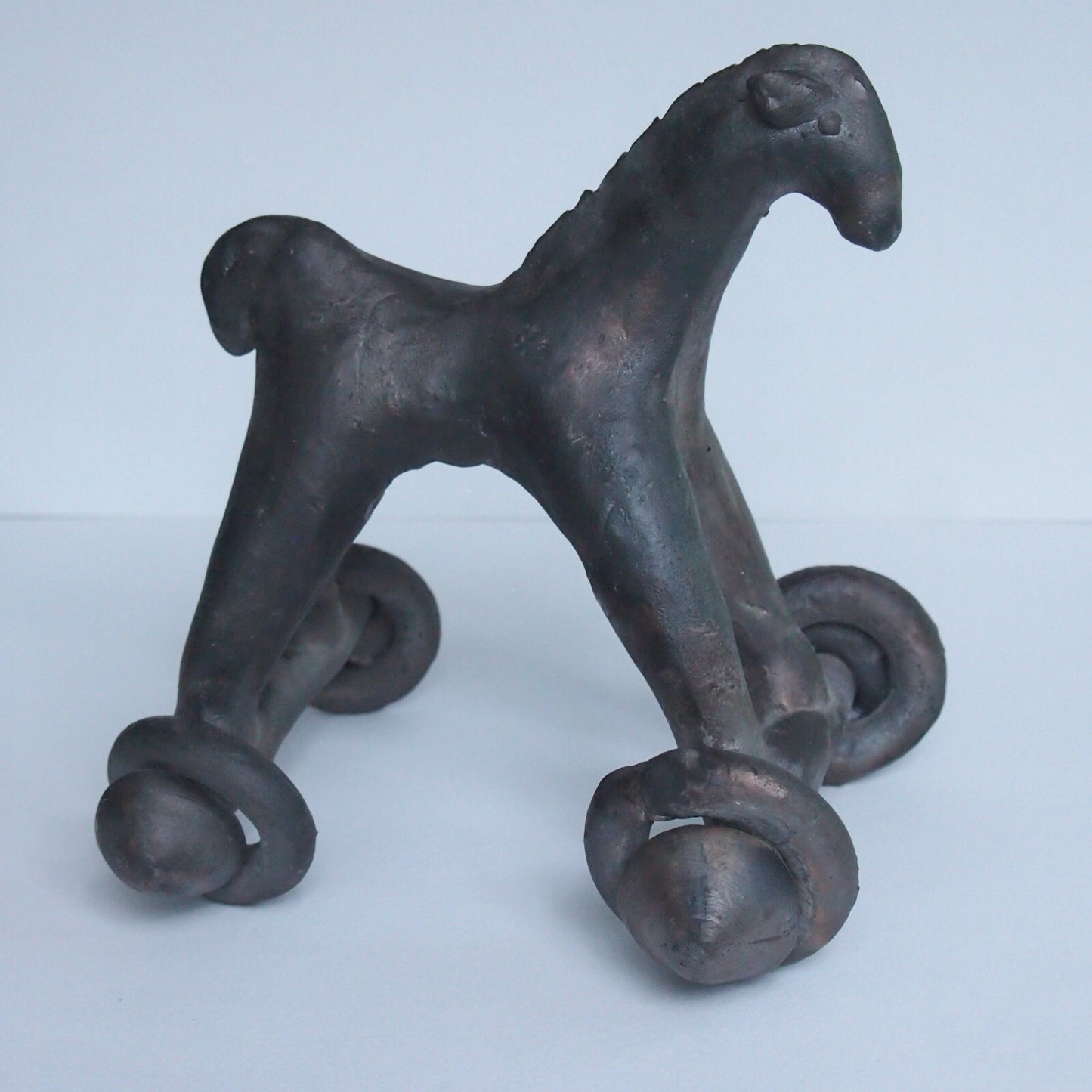 Vintage Black Terracotta Wheeled Horse Toy Open Fire Pottery Bangladesh 6”