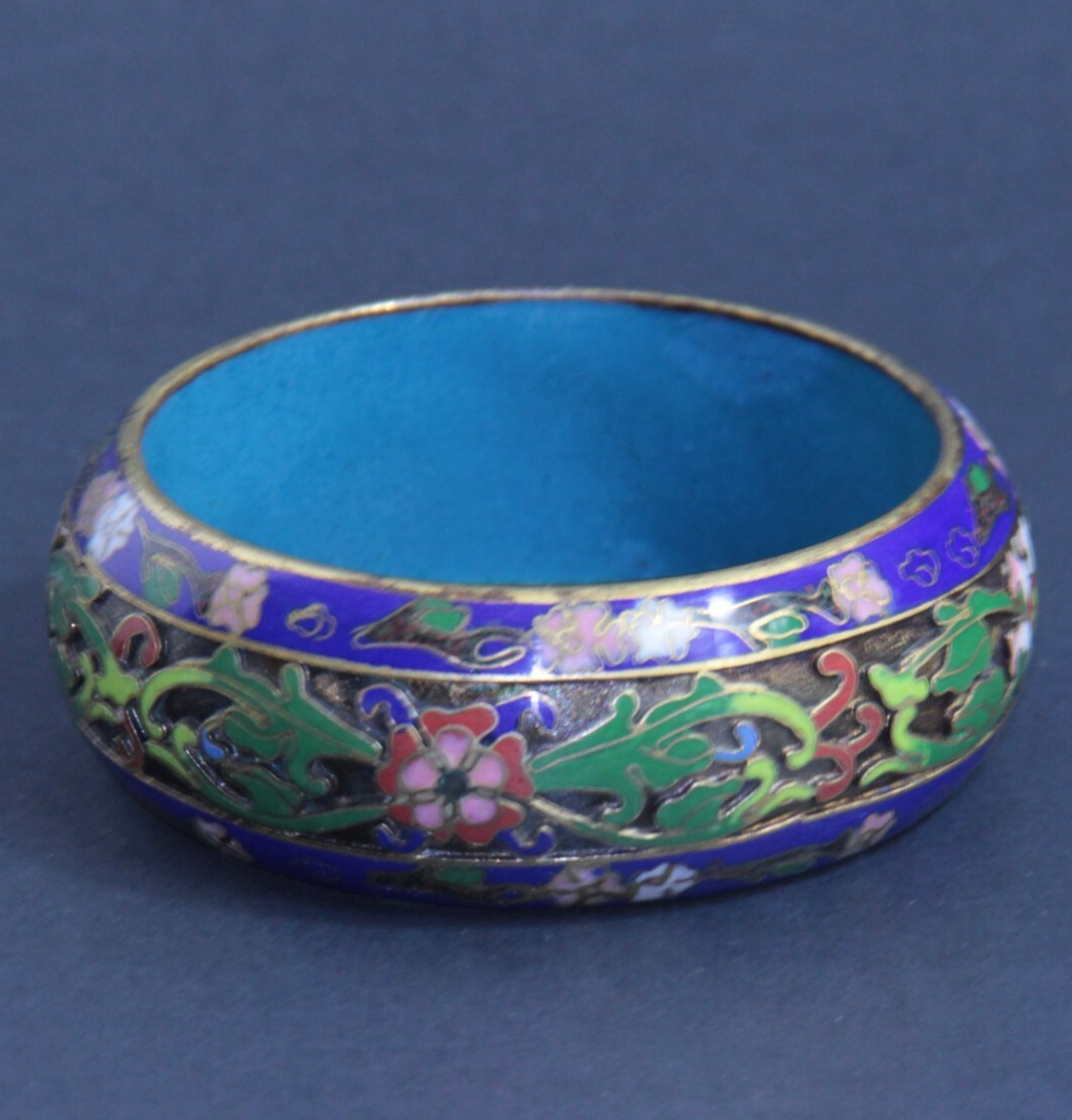 Chinese Cloisonne Cobalt Blue Enamel Floral Brass Extra Wide Bangle Bracelet