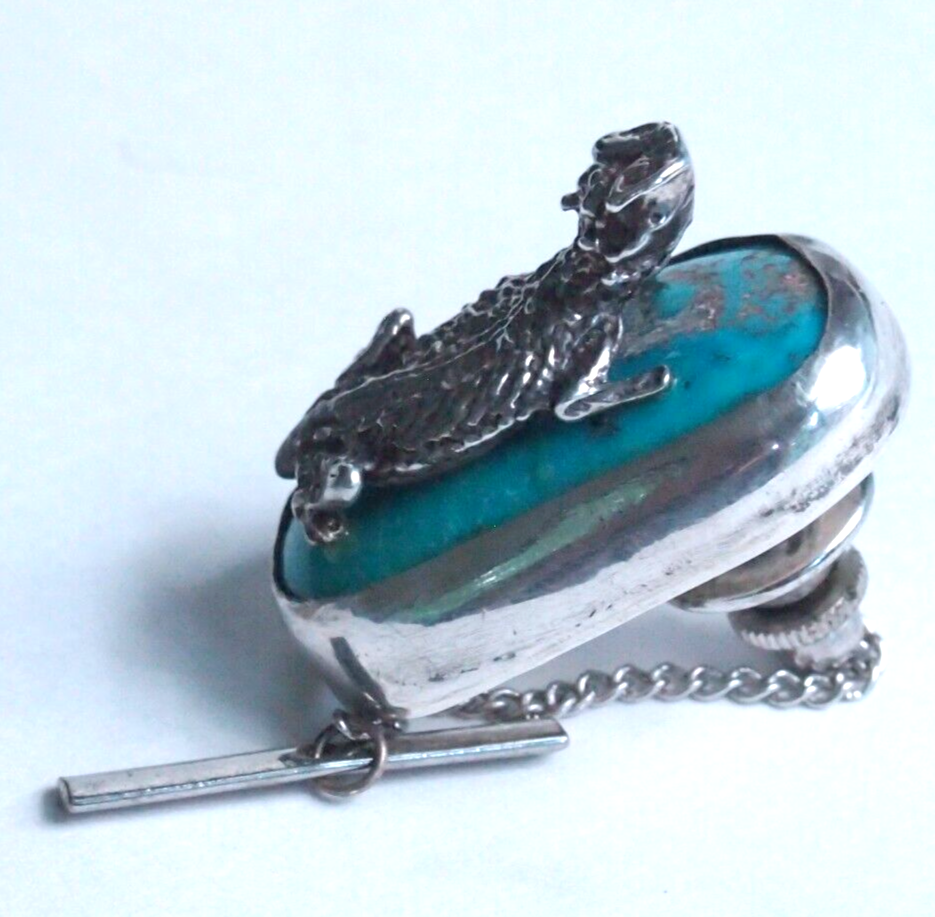 Vintage Sterling Silver Desert Horned Lizard Turquoise Pin – Large Tie Tack