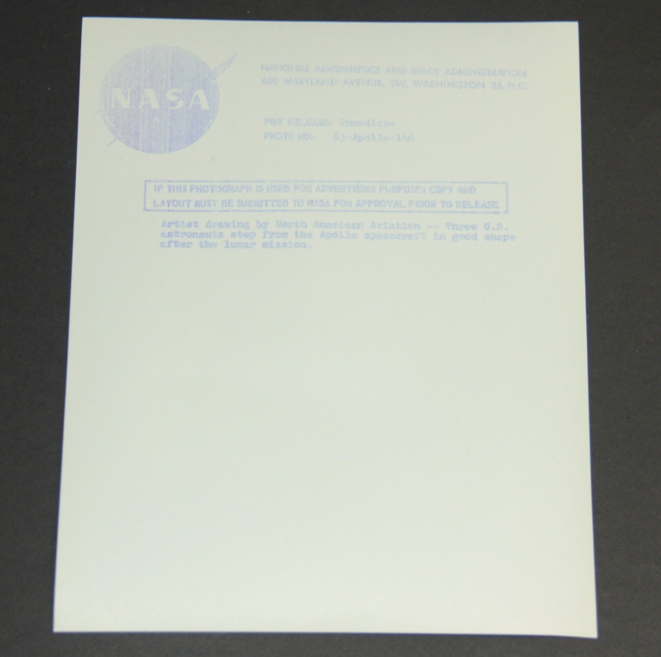 NASA PRESS RELEASE 63-Apollo-146 Drawing of Apollo Astonauts Photo Purple Print