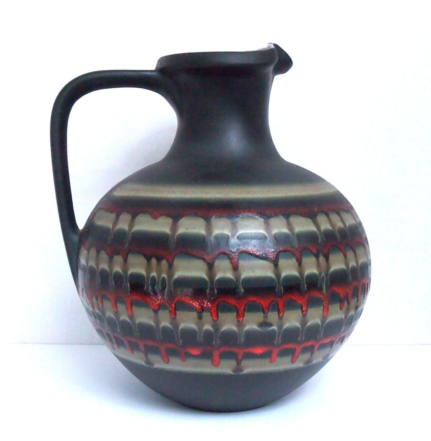 Black Royal Haeger 11” Lava Drip Glaze Art Pottery Vase Pitcher – Orange & Olive