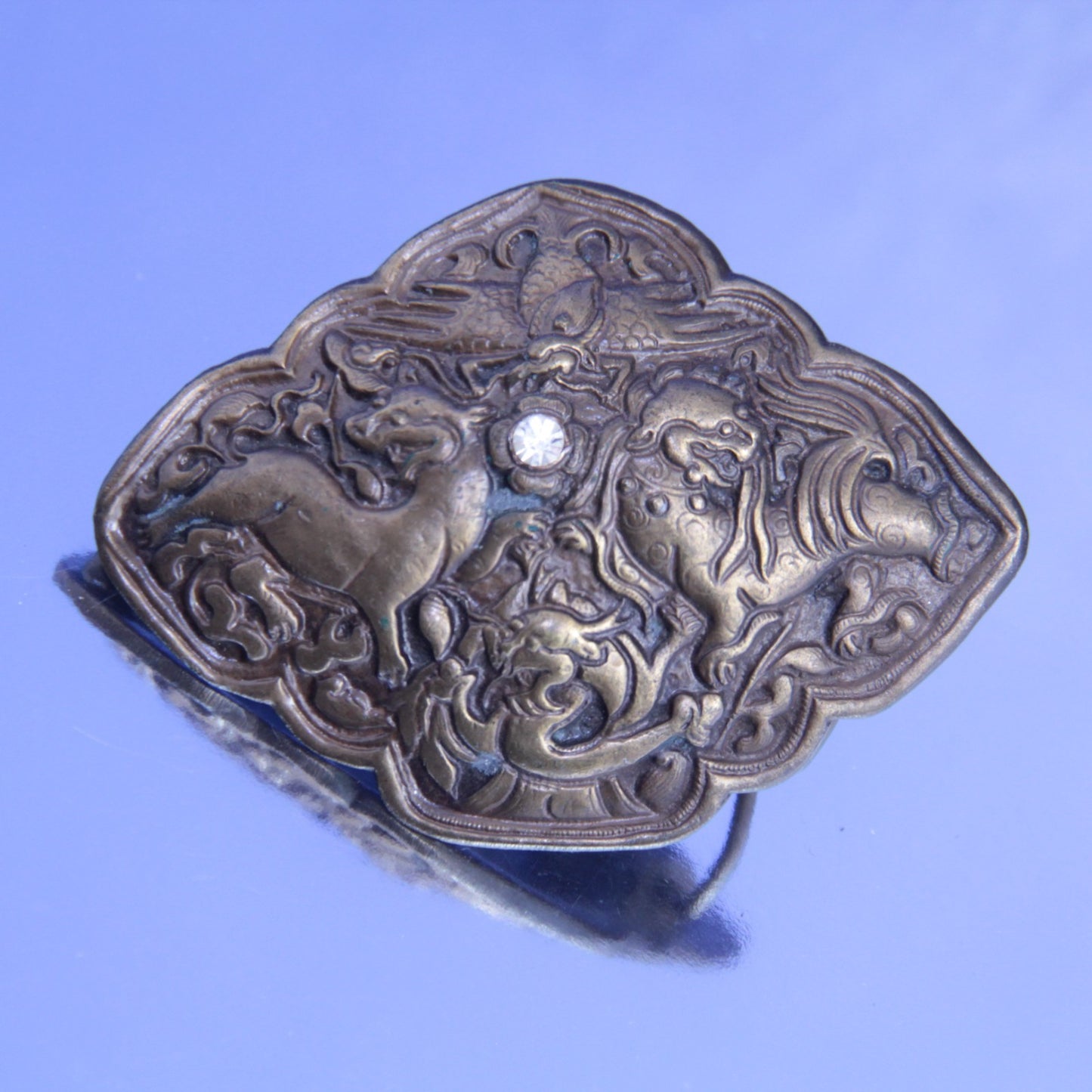 70's Bergamont Brass Works Belt Buckle - Foo Dogs & Dragon - White Stone