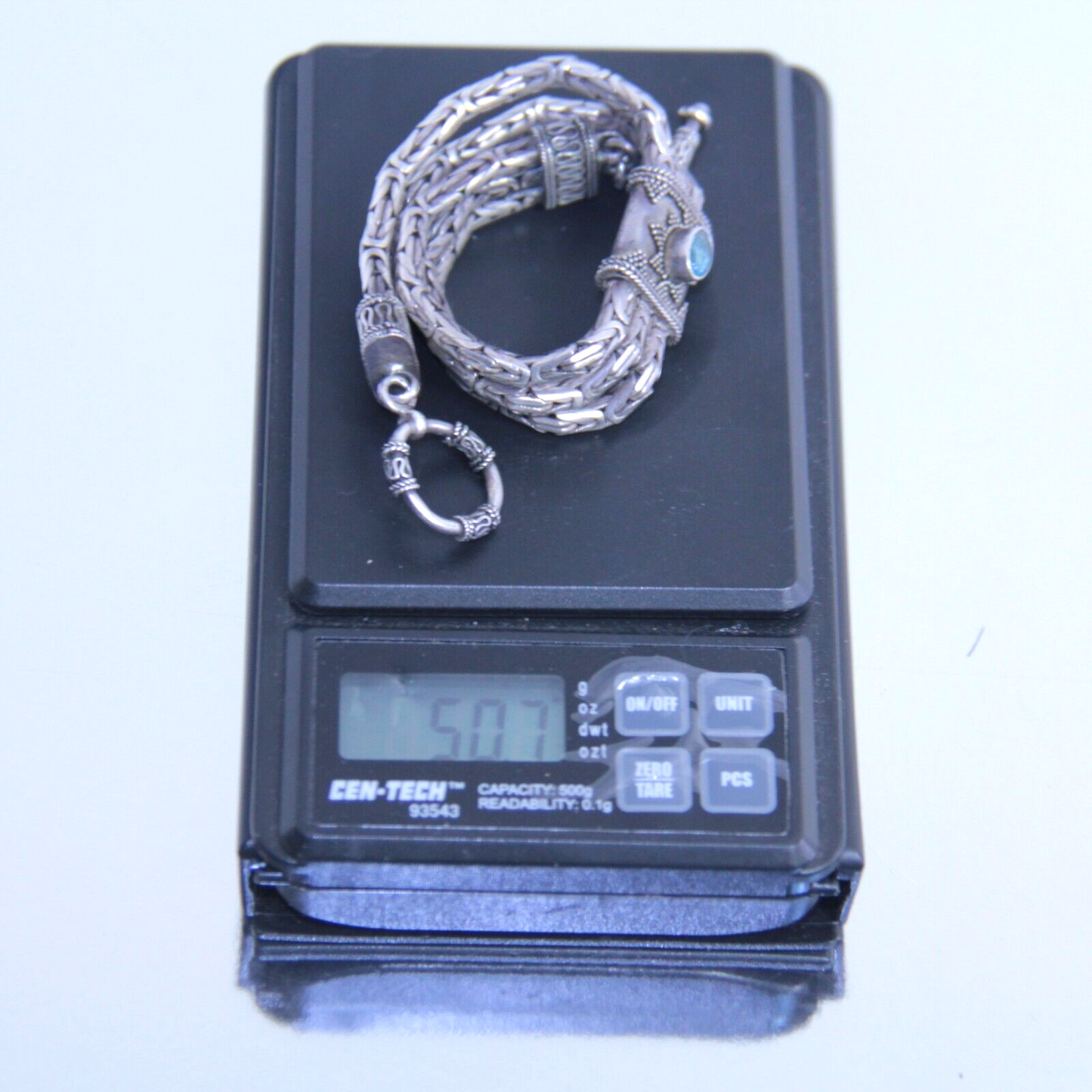 Vintage Sterling Silver 3-Strand Byzantine Bracelet w Topaz 8.25" | 50.7g | 925