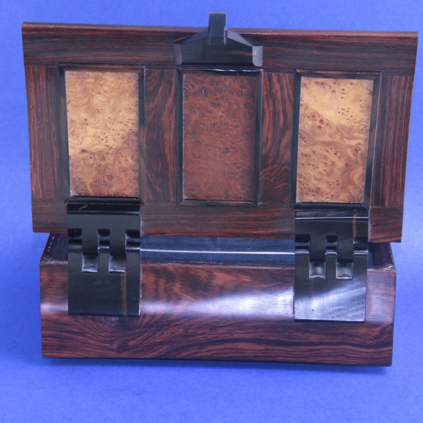Handmade Wood Writing Box Boyce England – Ebony, Bird’s Eye Maple & Burlwood 13"